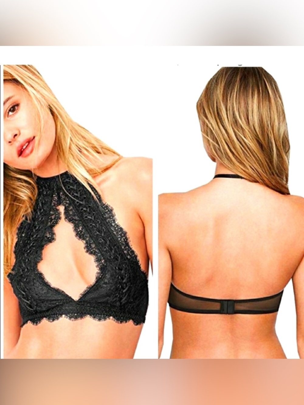 Victoria's Secret Black Lace Halter Bralette with Lace-Up Detail